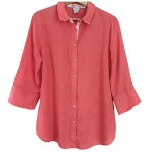 CHICOS 1 (M/8) No-Iron Linen Button Front Shirt Coral Contrast 3/4 Sleeve Resort